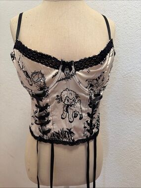 Current Mood Cream Satin Corset Bustier with Black Graphic Print and Lace